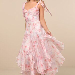 Lulus Cliona Blush Pink Floral Pleated Tie-strap Maxi Dress - Size M